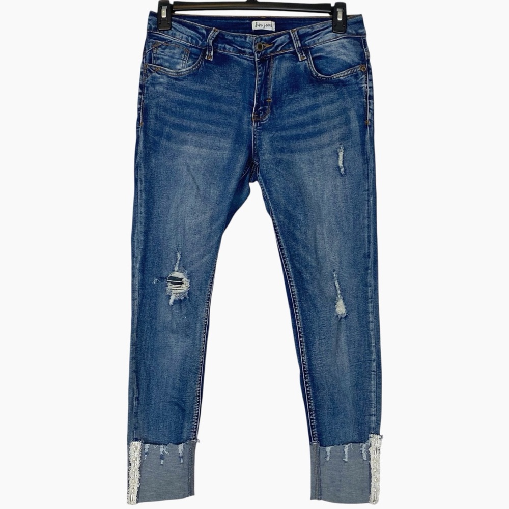 Suko Jeans Distressed Skinny Jean with Pearl Detailing Size 8